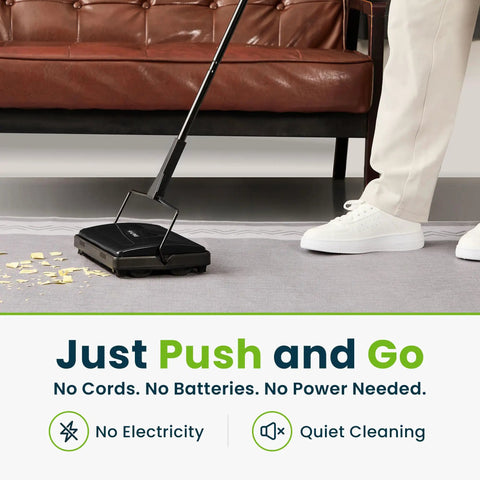 Grab And Go No Sweat Manual Sweeper For Carpets Hardwood And Rugs Triple Brush Picks Up Pet Hair Dust And Crumbs Instantly in use.