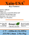 Specifications for One Pack 3.7V 4400mAh Li Ion Battery Pack With JST PH 2 Pin Connector For Electronics LED Lights Toys GPS And Meshtastic Solar Nodes Built In Safety BMS For Overcharge Over Discharge Protection Please Check Polarity Before Purchase