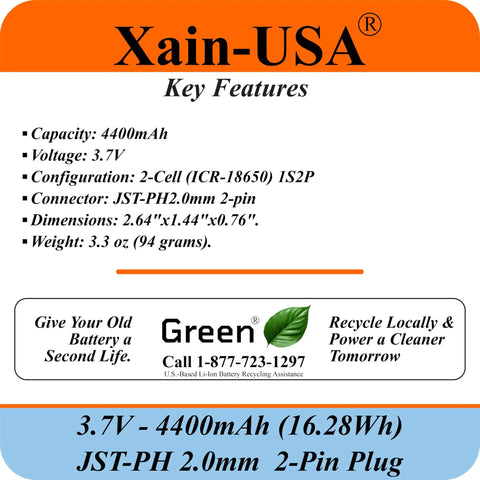 Specifications for One Pack 3.7V 4400mAh Li Ion Battery Pack With JST PH 2 Pin Connector For Electronics LED Lights Toys GPS And Meshtastic Solar Nodes Built In Safety BMS For Overcharge Over Discharge Protection Please Check Polarity Before Purchase