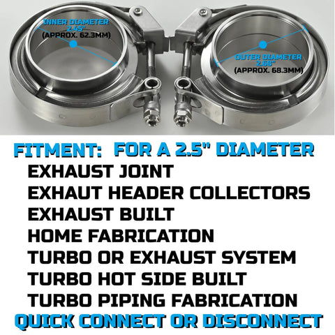 2.5 Inch Quick Release V Band Clamp And Flange Pair For Exhaust Turbo Downpipe Built With Beefy 304 Stainless Steel And Heavy Duty Hardened T Bolts To Keep Your Setup Hog Tied And Leak Free
