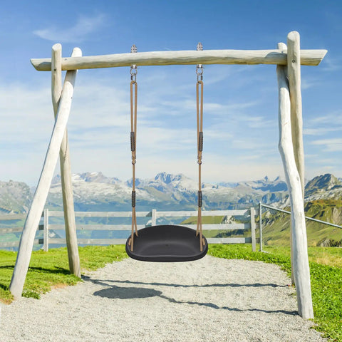 Heavy Duty Swing Seat For Adults And Kids With Weatherproof Ropes, Height Adjustable Tree Swing Accessory, Black, in scenic outdoor setting.