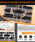Assorted 100 Piece Pin Fastener Kit with Cotter Pins R Clips Clevis Pins Hair Pins and Hitch Pins in 16 Sizes M2 through M12 Zinc Plated Black Finish Ideal For Automotive and Mechanical Projects displayed in storage case