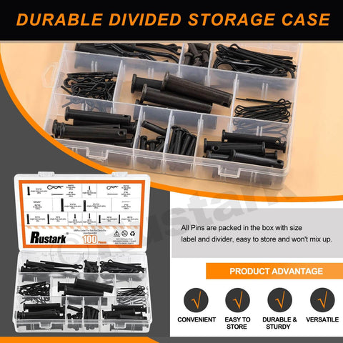 Assorted 100 Piece Pin Fastener Kit with Cotter Pins R Clips Clevis Pins Hair Pins and Hitch Pins in 16 Sizes M2 through M12 Zinc Plated Black Finish Ideal For Automotive and Mechanical Projects displayed in storage case
