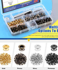 240-piece grommet eyelet set in gold, bronze, silver, gunmetal with washers and installation tool, organized in clear box