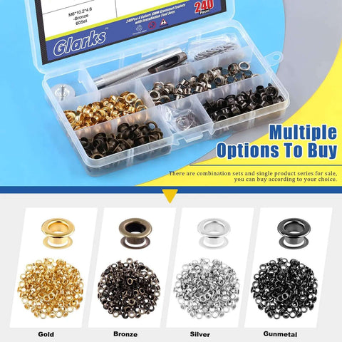 240-piece grommet eyelet set in gold, bronze, silver, gunmetal with washers and installation tool, organized in clear box