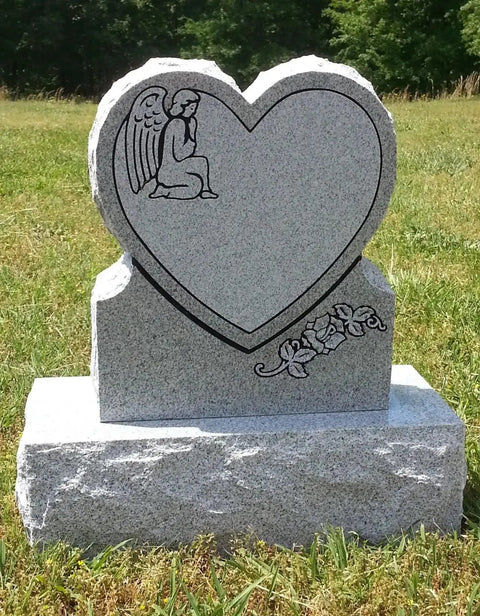 Heart Cemetery Memorial Headstone And Base With Two Design Options, Custom Engraved Gray Granite Upright Monument in grassy setting.