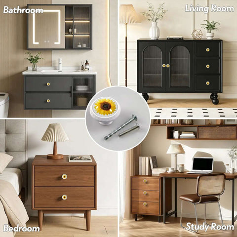 Sunflower Cabinet Knobs Set 4 Pack In Bright Yellow Realistic Petal Detail Glossy Finish Durable Drawer And Cupboard Pulls in rooms