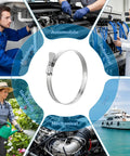 Collage showing 20 Pieces 4 Inch Stainless Steel Hose Clamps 304 Grade Worm Gear Duct Clamps in various applications: plumbing, automotive, industrial, gardening, mechanical, and boating.