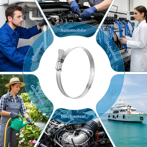 Collage showing 20 Pieces 4 Inch Stainless Steel Hose Clamps 304 Grade Worm Gear Duct Clamps in various applications: plumbing, automotive, industrial, gardening, mechanical, and boating.