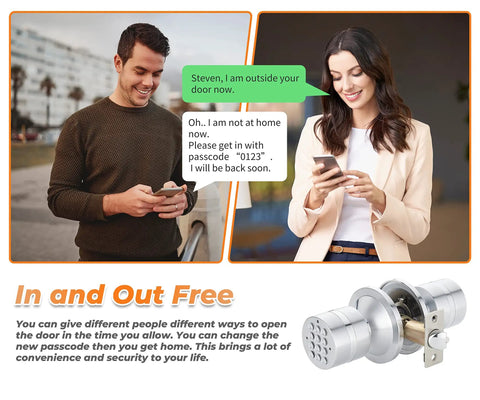 Image of a Keyless Electronic Entry Door Knob with Keypad, Smart Door Lock for Home, Auto Locking feature and users texting.
