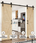 Heavy Duty Sliding Barn Door Hardware Kit For Double Doors 350 Lb Capacity Includes 2 Round Door Handles And 2 Floor Guides Fits 1 3 8 To 1 3 4 Inch Door Panels Black Finish Quiet And Stable installed in a kitchen doorway.