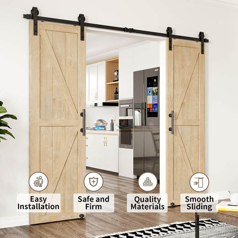 Heavy Duty Sliding Barn Door Hardware Kit For Double Doors 350 Lb Capacity Includes 2 Round Door Handles And 2 Floor Guides Fits 1 3 8 To 1 3 4 Inch Door Panels Black Finish Quiet And Stable installed in a kitchen doorway.