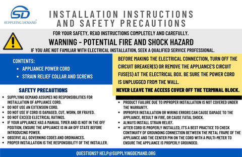 Installation instructions for 10 Foot Range Power Cord With 3 Prong Plug For 50 Amp 250 Volt Appliances, Heavy Duty 6/2 And 8/1 Gauge Wires