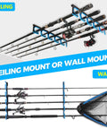 Garage Wall Or Ceiling Mounted Fishing Rod Holder with Soft TPU Protective Pad holding multiple rods and a net