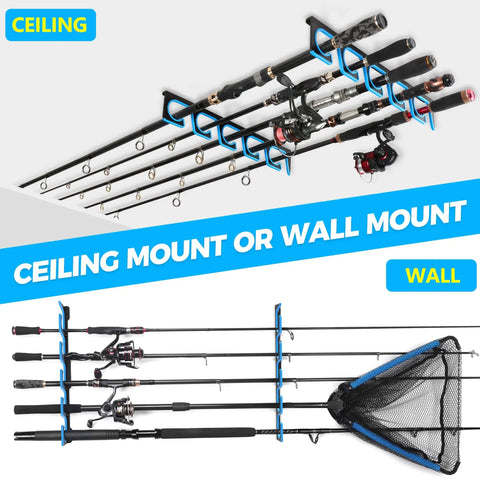 Garage Wall Or Ceiling Mounted Fishing Rod Holder with Soft TPU Protective Pad holding multiple rods and a net