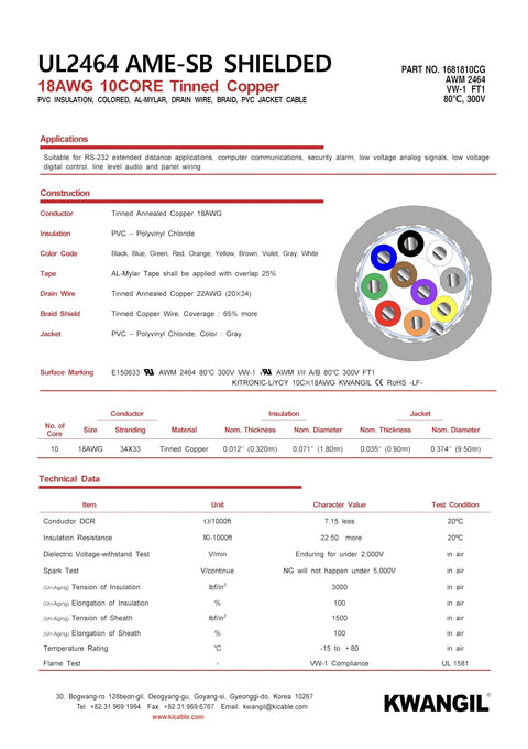 10C 18AWG Shielded Cable Wire UL2464 for CNC Machines and VFD Spindle, technical specs sheet with insulation and construction details