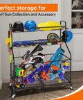 Heavy Duty Garage Sport Organizer With Steel Basketball Rack Baseball Bat Holder And Hooks Easy Assembly Storage filled with Nerf guns and toy helmets