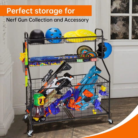 Heavy Duty Garage Sport Organizer With Steel Basketball Rack Baseball Bat Holder And Hooks Easy Assembly Storage filled with Nerf guns and toy helmets