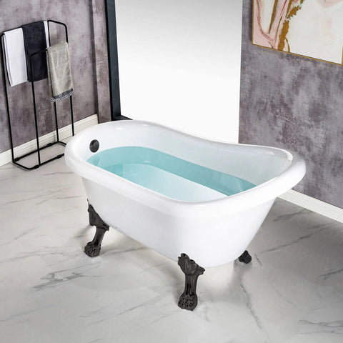 Slick Freestanding Clawfoot Tub Bundle Featuring Top Shelf Oil Rubbed Bronze Faucet And Drain Assembly All In One Premium Bathroom Soaking Package For Effortless Setup with water.