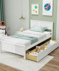 Solid Wood Twin Platform Bed With Two Smooth Rolling Storage Drawers And A Clean White Headboard, styled in a cozy bedroom setting.