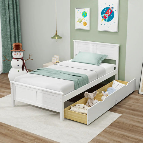 Solid Wood Twin Platform Bed With Two Smooth Rolling Storage Drawers And A Clean White Headboard, styled in a cozy bedroom setting.