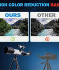 Image comparing high color reduction of 70mm Refractor Telescope For Beginners With 400mm Focal Length, AZ Mount With Tripod And Phone Adapter.