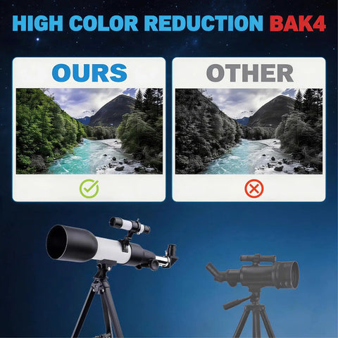 Image comparing high color reduction of 70mm Refractor Telescope For Beginners With 400mm Focal Length, AZ Mount With Tripod And Phone Adapter.