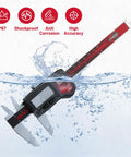 IP67 Digital Caliper 0-6 Inch Range with Large LCD Screen, shown underwater, illustrating water resistance and stainless steel build.