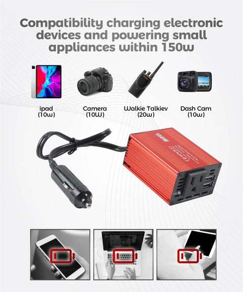 Heavy Duty 150W Car Power Inverter With 12V DC To 110V AC Outlet And Dual 3.1A USB Charging Ports connected to devices like iPad and camera.