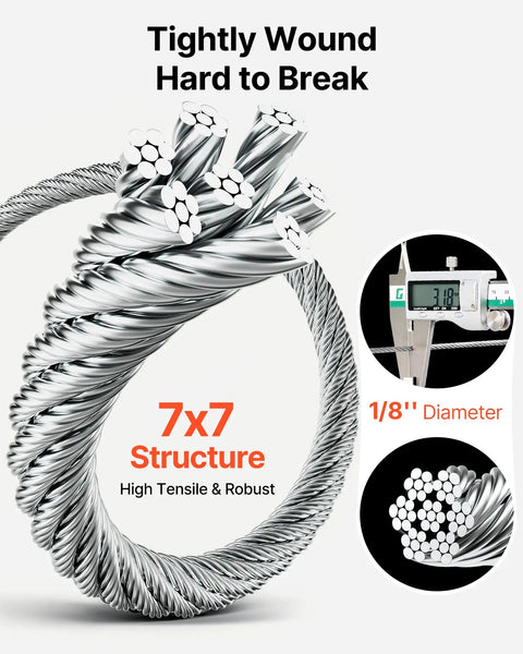 Close-up of One Eighth Inch Stainless Steel Cable Railing Kit with 7x7 structure showing 1/8" diameter wire.