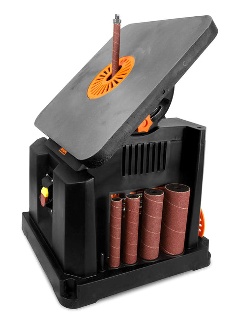 Oscillating Spindle Sander With a Beefy Beveling Table Top, 3.5 Amp Motor, five sanding sleeve sizes, 14x14 inch table