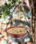 Outdoor Hanging Bird Bath In Antique Copper Metal With 17 Inch Rust Proof Black Chains Durable Iron Bird Feeder Bowl For Garden And Backyard Decor Weather Resistant And Easy To Clean with birds.
