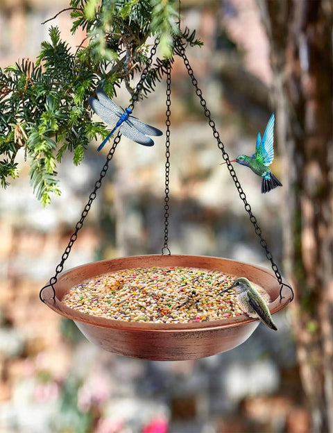 Outdoor Hanging Bird Bath In Antique Copper Metal With 17 Inch Rust Proof Black Chains Durable Iron Bird Feeder Bowl For Garden And Backyard Decor Weather Resistant And Easy To Clean with birds.