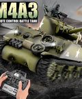 One Sixteenth Scale RC Tank M4A3 Sherman With Two Point Four GHz Remote Control in action with realistic battle sound and lights