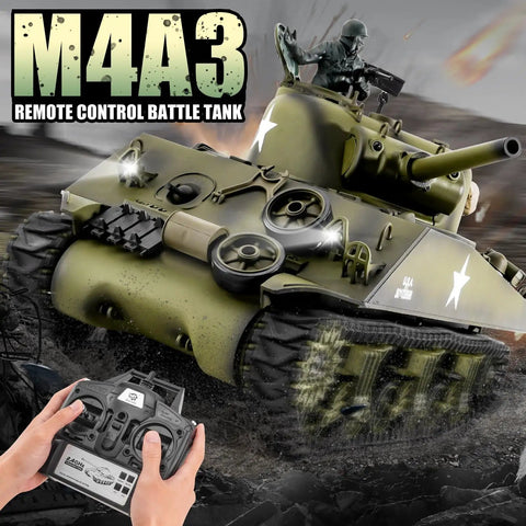 One Sixteenth Scale RC Tank M4A3 Sherman With Two Point Four GHz Remote Control in action with realistic battle sound and lights
