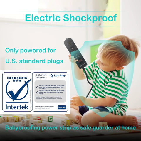 Child holding Outdoor Weatherproof Power Strip With 3 Outlets and Flat Plug 6.5 Ft Extension Cord Built for the Outdoors Overload Protection Shockproof Wall Mountable Water Resistant for Home and Outdoor Use Black with safety features.