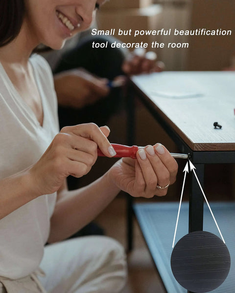 Person using screwdriver under table, highlighting 540 Piece Hole Cover Stickers Set 10 Sheets Textured PVC Caps Stick On For Cabinets Bookcases.