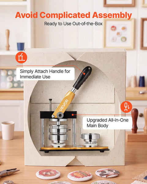Heavy Hitter 2.25 Button Maker Machine With Solid Steel Mold And Comfort Grip, easy assembly and upgraded design shown.