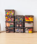10 Pack Small Plastic Storage Containers With Lids Black Square Mini Boxes For Beads Crafts Jewelry Findings Stickers Tiny Tools And Small Items Stackable Organizer Bins, filled and stacked on a table.