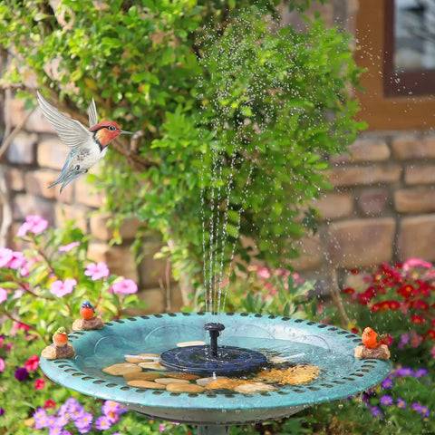 Solar Water Fountain For Bird Bath And Pond, Upgraded 6 Nozzles System, Free Standing Floating Solar Pump spraying water in garden