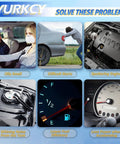 Collage showing car issues: oily smell, difficult starts, sputtering engine, whining noise from tank, lower fuel efficiency, power loss.