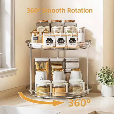 Two Tier Lazy Susan Turntable Organizer For Cabinet And Pantry Space Saver 9 Inch Rotating Spice Rack on countertop with jars