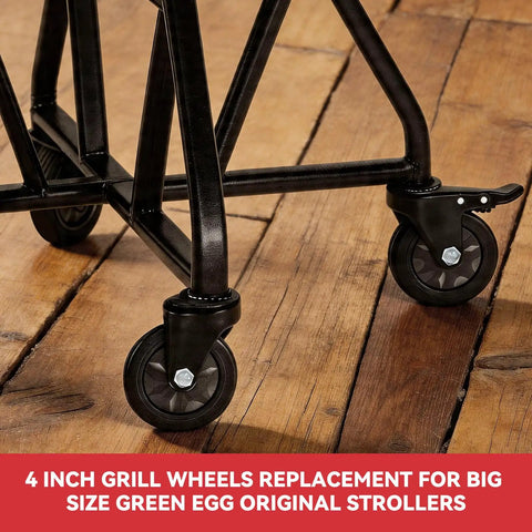 Four Inch Swivel And Locking Stem Caster Wheels With Plate For Green Egg Rolling Carts shown on wooden floor