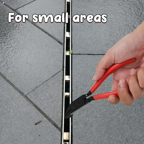 Pro-Grade 7-Inch Sheet Metal Hand Seamer Pliers used for edge seaming in tight spaces on pavement, ergonomic anti-slip handle visible