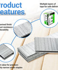 18 Gauge One Quarter Inch Narrow Crown Staples One Inch Length Heavy Duty Galvanized Upholstery Staples For Electric Or Pneumatic Narrow Crown Stapler Guns Four Thousand Pieces with packaging and product features.