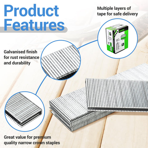 18 Gauge One Quarter Inch Narrow Crown Staples One Inch Length Heavy Duty Galvanized Upholstery Staples For Electric Or Pneumatic Narrow Crown Stapler Guns Four Thousand Pieces with packaging and product features.