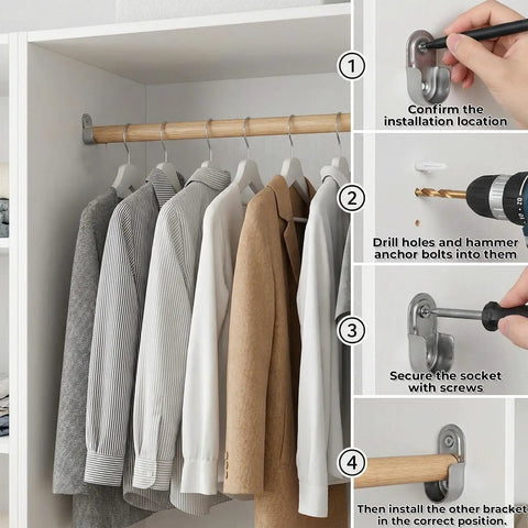Installation steps for 12 Pack Oval Closet Rod End Supports Heavy Duty Wardrobe Bracket Holders with 24 screws.