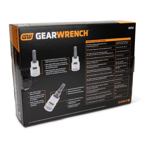 Back of 84 Piece Master SAE And Metric Hex And Torx Socket Set packaging highlighting features and socket details