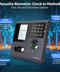 Versatile Biometric clock terminal with facial, RFID, and fingerprint scanners for easy employee time tracking.