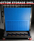 Front view of Heavy Duty Tool Organizer Rack With Two Pegboard Panels And Locking Casters Side Handle Four Tier Steel Shelving 20 Kg Per Shelf Capacity Ideal Garage Workshop Storage For Tools And Accessories showing blue panels and bottom shelf with tools.